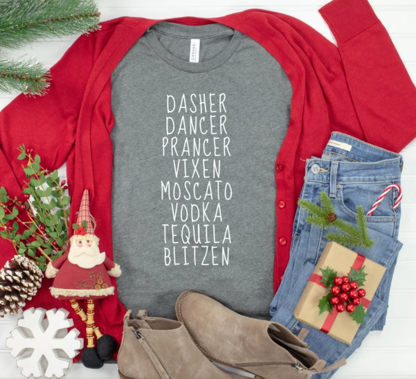 Santa Drinking Tee | Funny Holiday Tee | Funny Christmas Tee | Christmas Drinking Tee | Various Print Colors