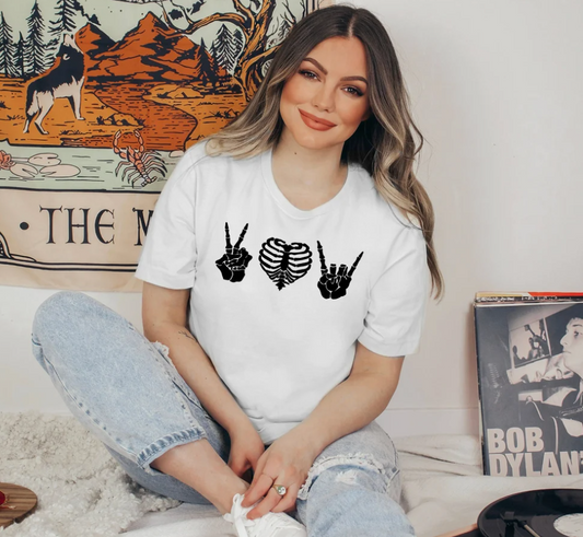 Skeleton Peace, Love, and Rock N’ Roll | Halloween Shirt | Skeleton Shirt | Mommy And Me Shirts | Mom Gift | Various Print Colors