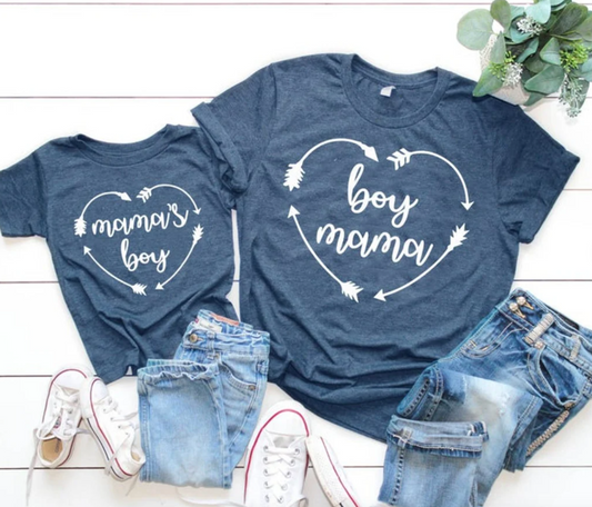 Boy Mama/ Mama's Boy Heart Matching Tees | Mommy and Me Shirt | Various Print Colors | Each Shirt Sold Separately