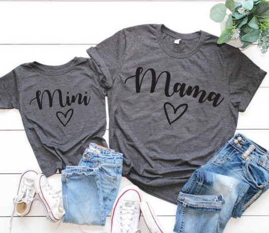 Mama/ Mini with Heart Matching Tees | Mommy and Me Shirts | Family Shirts | Various Print Colors | Each Shirt Sold Separately