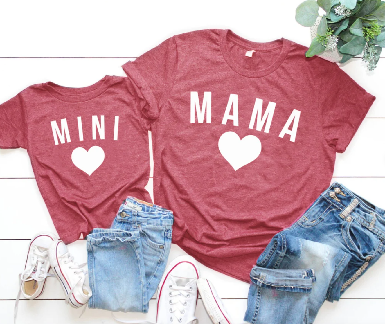 Mama / Mini with Heart Matching Tees | Mommy and Me Shirts | Various Print Colors | Each Shirt Sold Separately