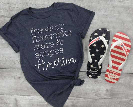 Freedom, Fireworks, Stars and Stripes America Shirt | 4th of July Tee Shirt | Fireworks Tee | Various Print Colors