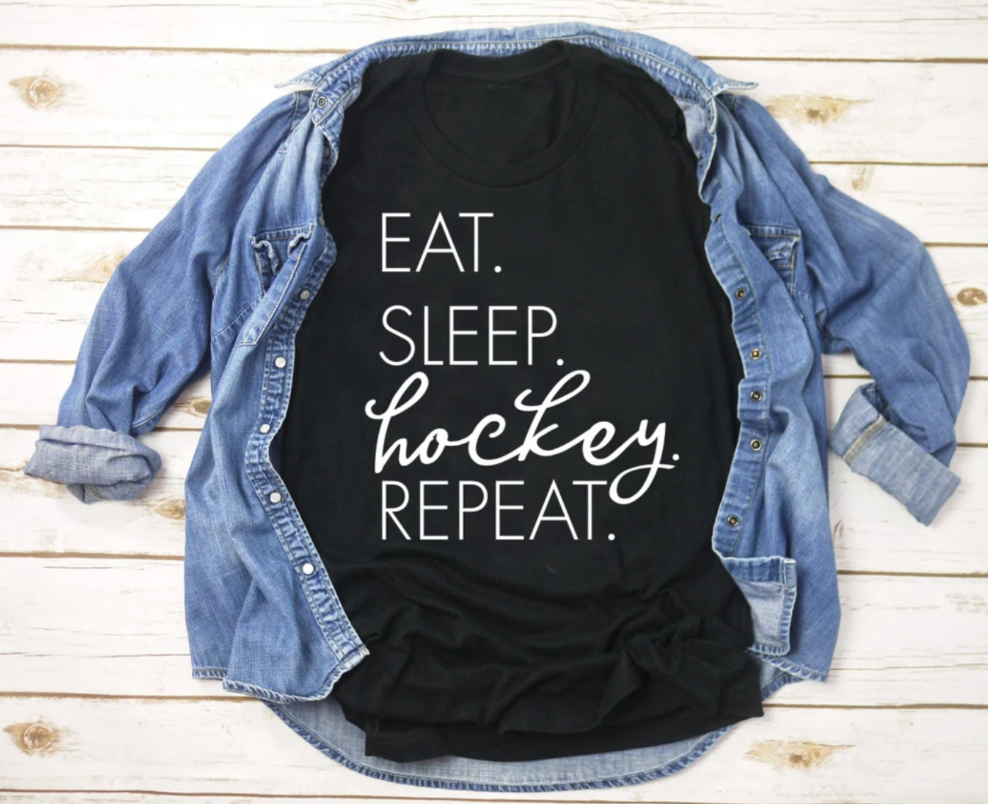 Eat Sleep Hockey Repeat Tee | Sports Tee | Hockey Mom Tee | Hockey Tee | Various Print Colors