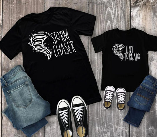 Father Son Tee | Storm Chaser/ Tiny Tornado Matching Tee | Daddy and Me | Family Shirts | Each Shirt Sold Separately | Various Print Colors