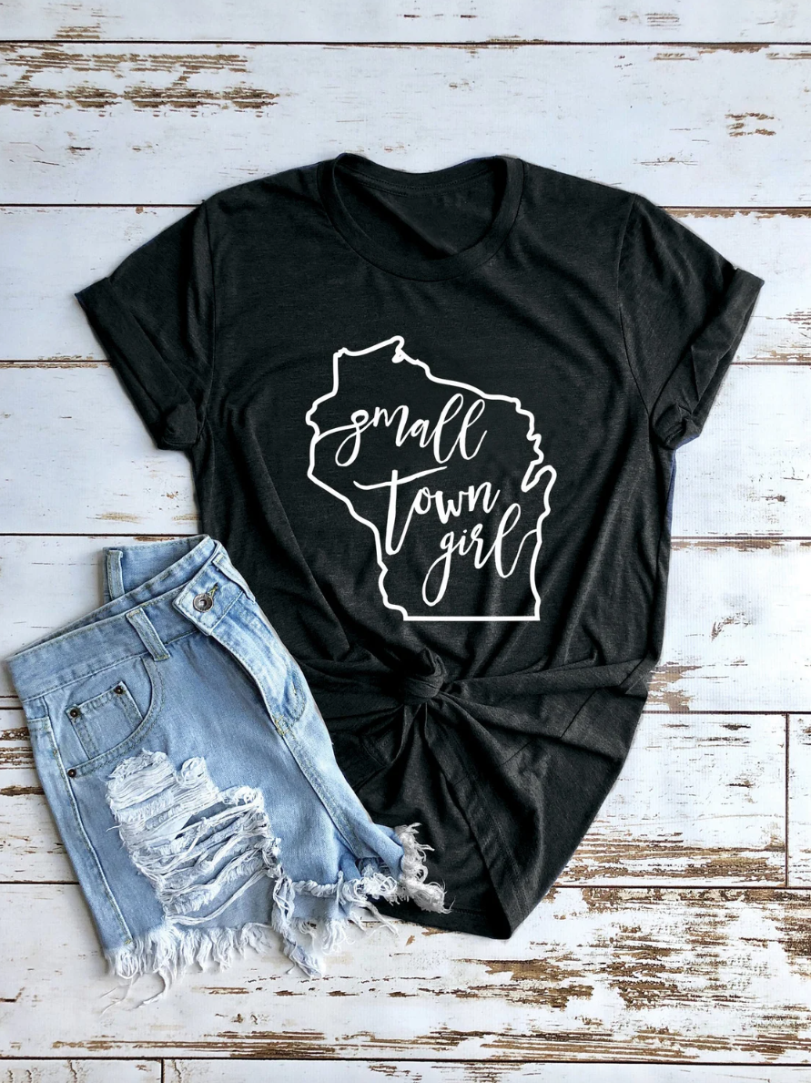 Small Town Girl Wisconsin Outline Tee | Midwest Tee | Wisconsin Tee | Various Print Colors