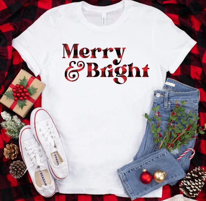 Merry & Bright Tee | Christmas Tee | Holiday Tee | Family Christmas Tee | Various Print Colors